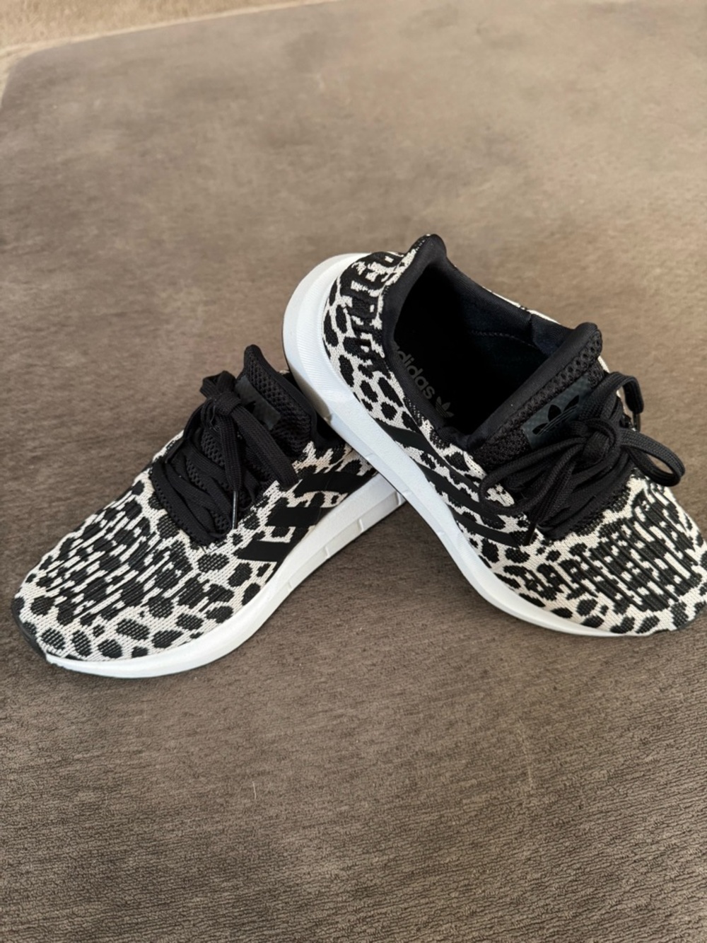 adidas Swift Run Women's Black and White Leopard Knit Athletic Sneakers